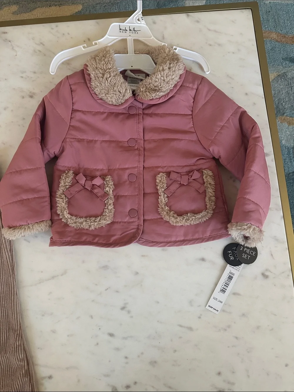 Nicole Miller Pink Faux Fur Trim Puffer Jacket for Kids